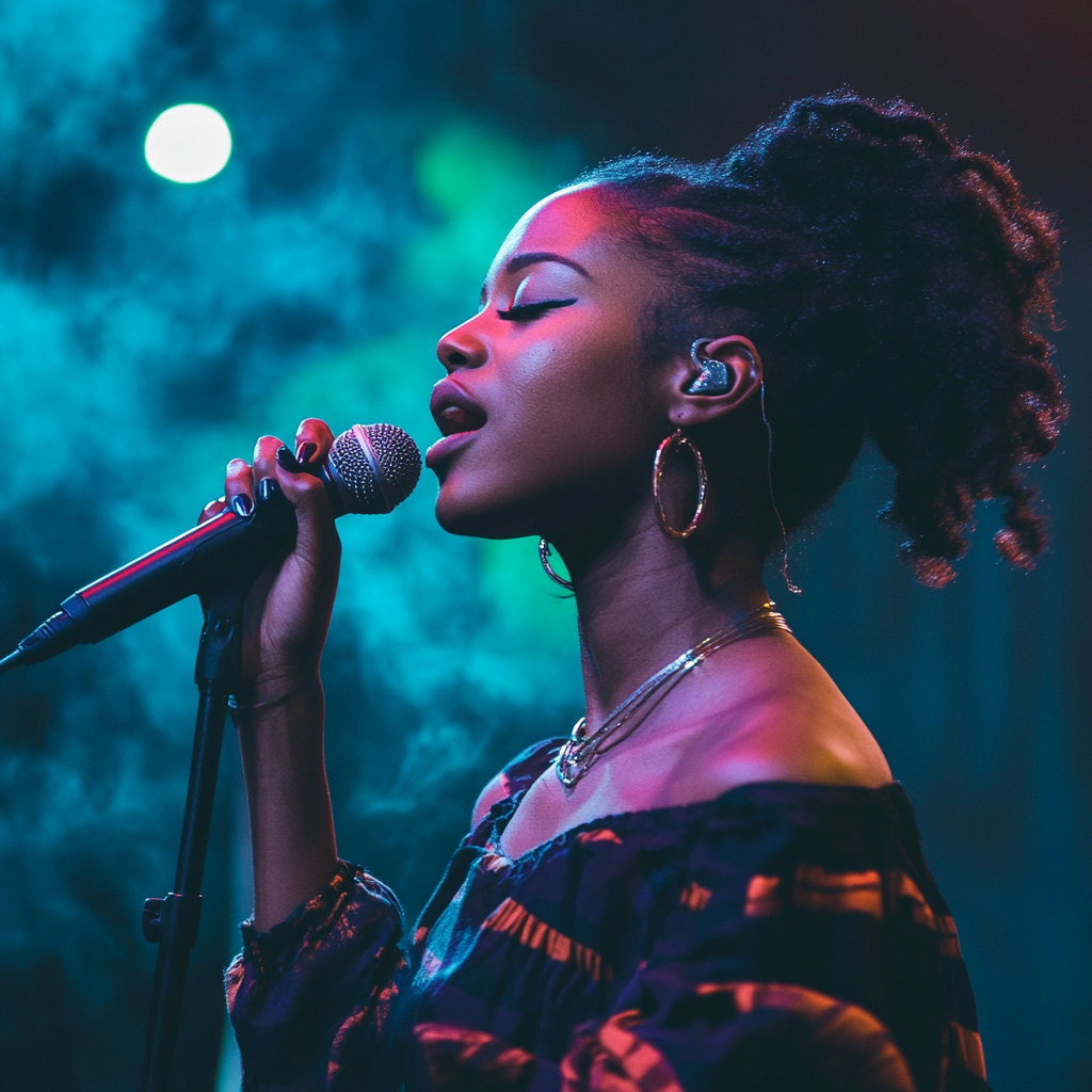 confident Black American_female inger performing